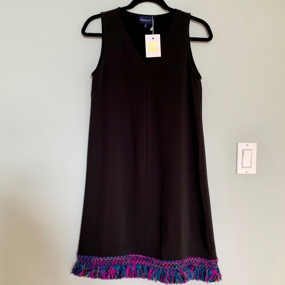 NWT Buckley K Black Vneck Shift Dress Tassel Trim